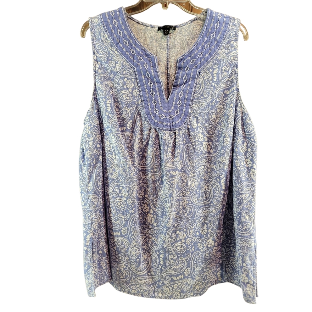 Willi Smith blouse sleeveless periwinkle white paisley tunic 1X embroidered neck